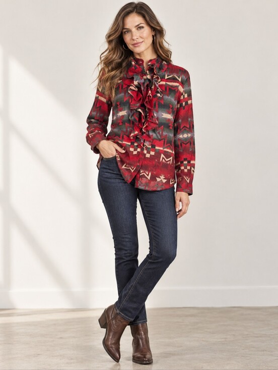 Lauren Ralph Lauren Tops - Lauren Ralph Lauren Western Aztec Ruffle Button Down Shirt S